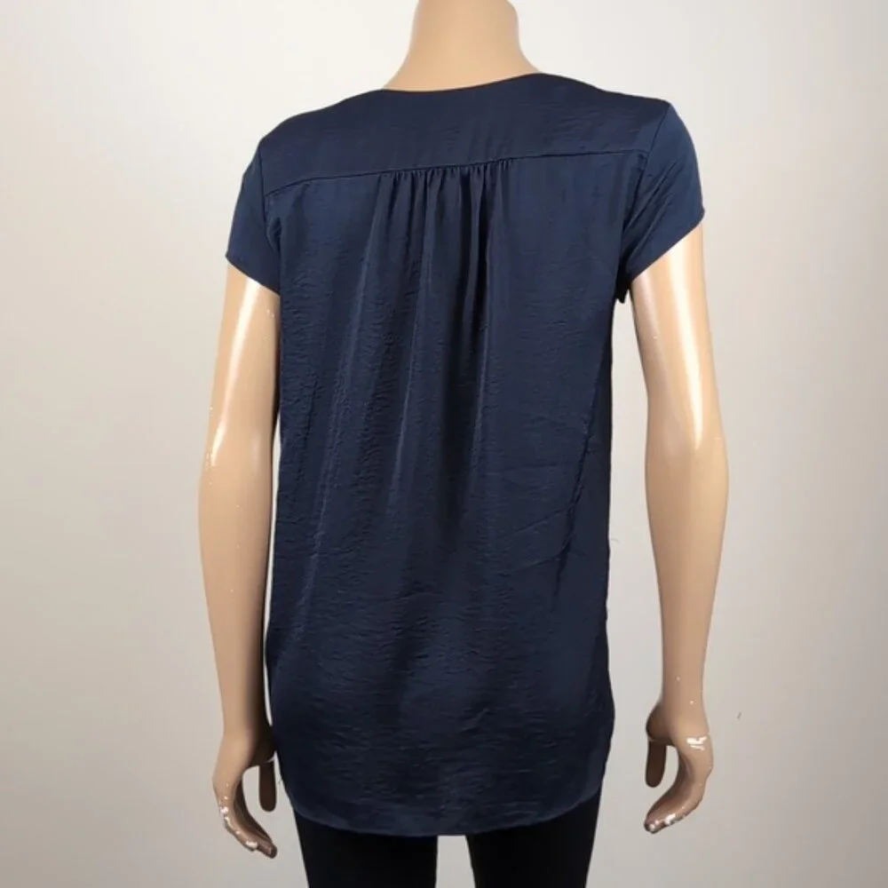 H&M Navy Vneck Top Short Sleeve Blue Satin Pleated Blouse - Picture 6 of 12